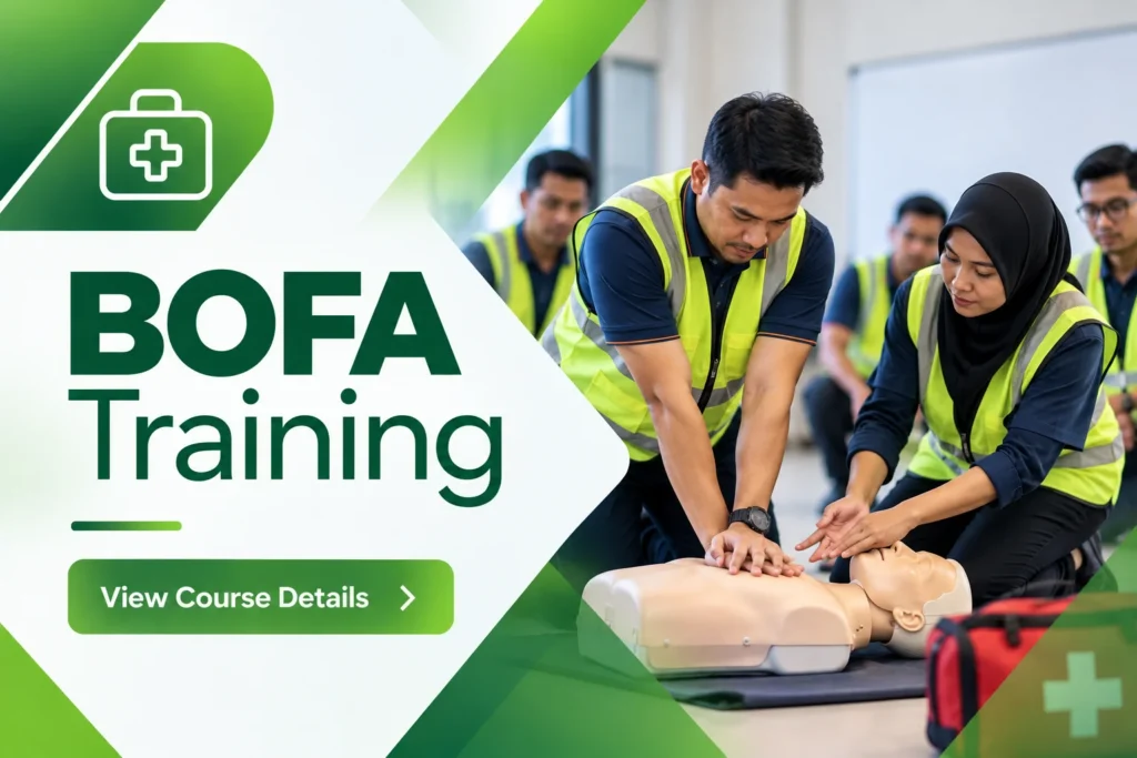 BOFA Training Malaysia banner showing participants practising CPR on a training mannequin